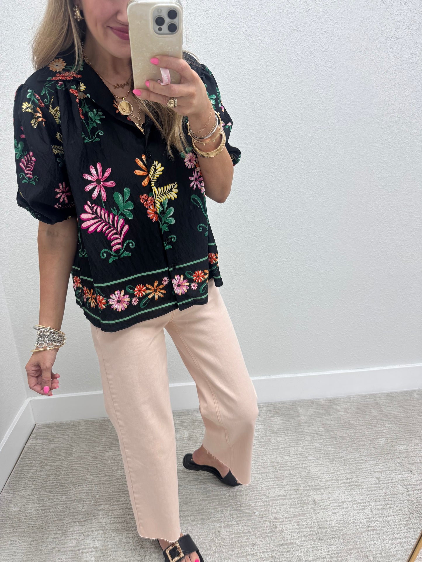 Black Printed Button Front Top