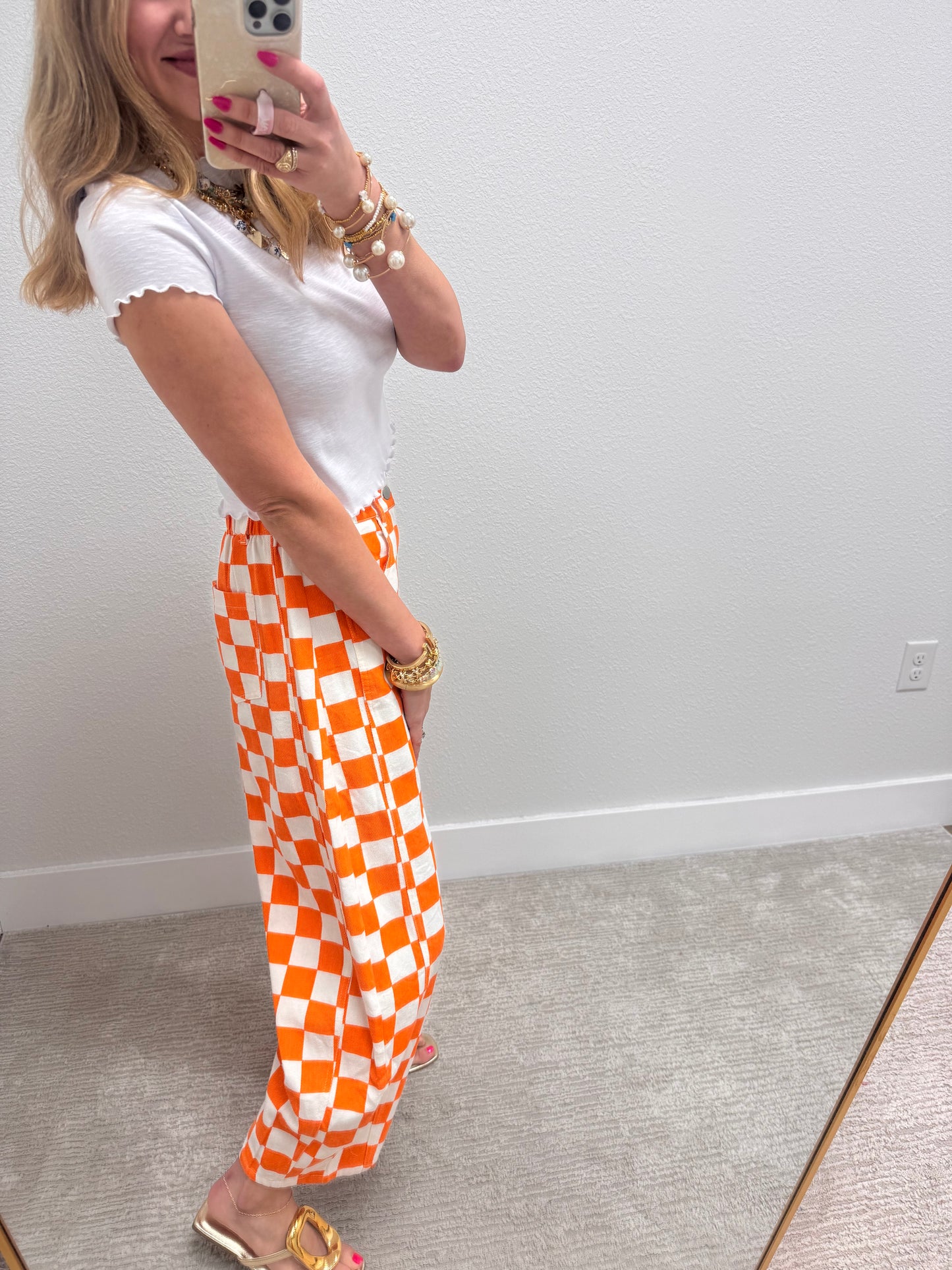 Orange and White Checkered Barrel Jeans