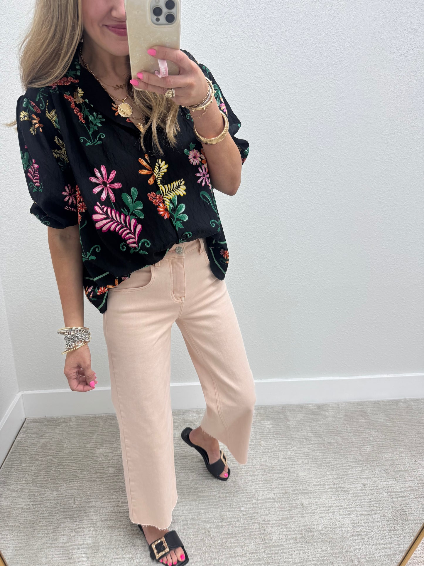 Black Printed Button Front Top