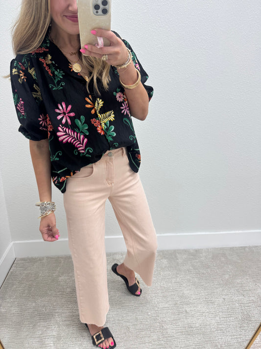 Black Printed Button Front Top