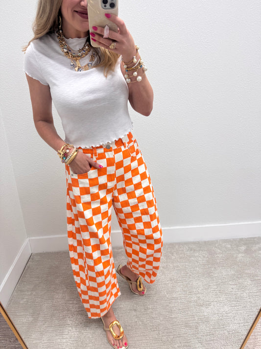 Orange and White Checkered Barrel Jeans