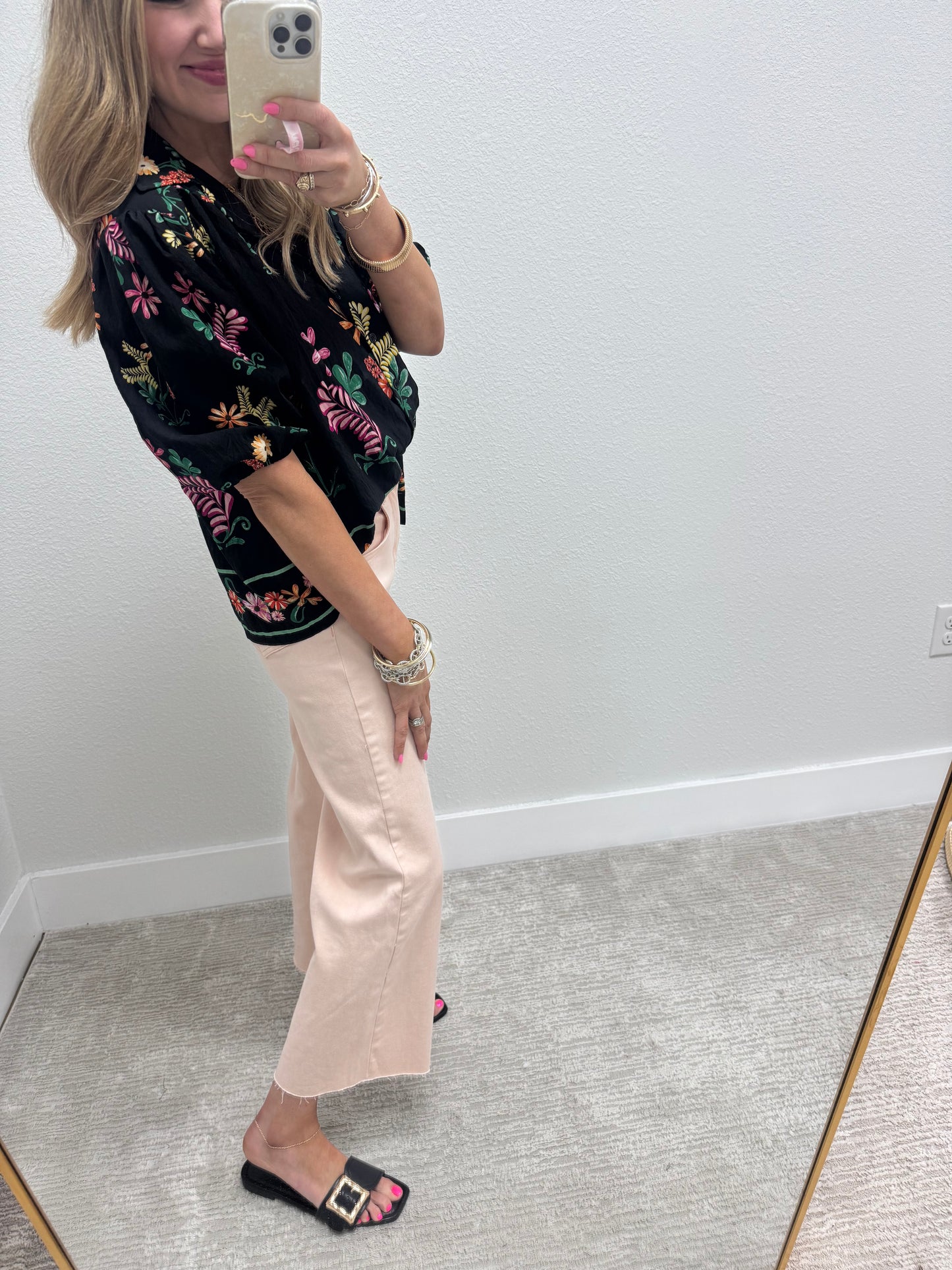 Black Printed Button Front Top