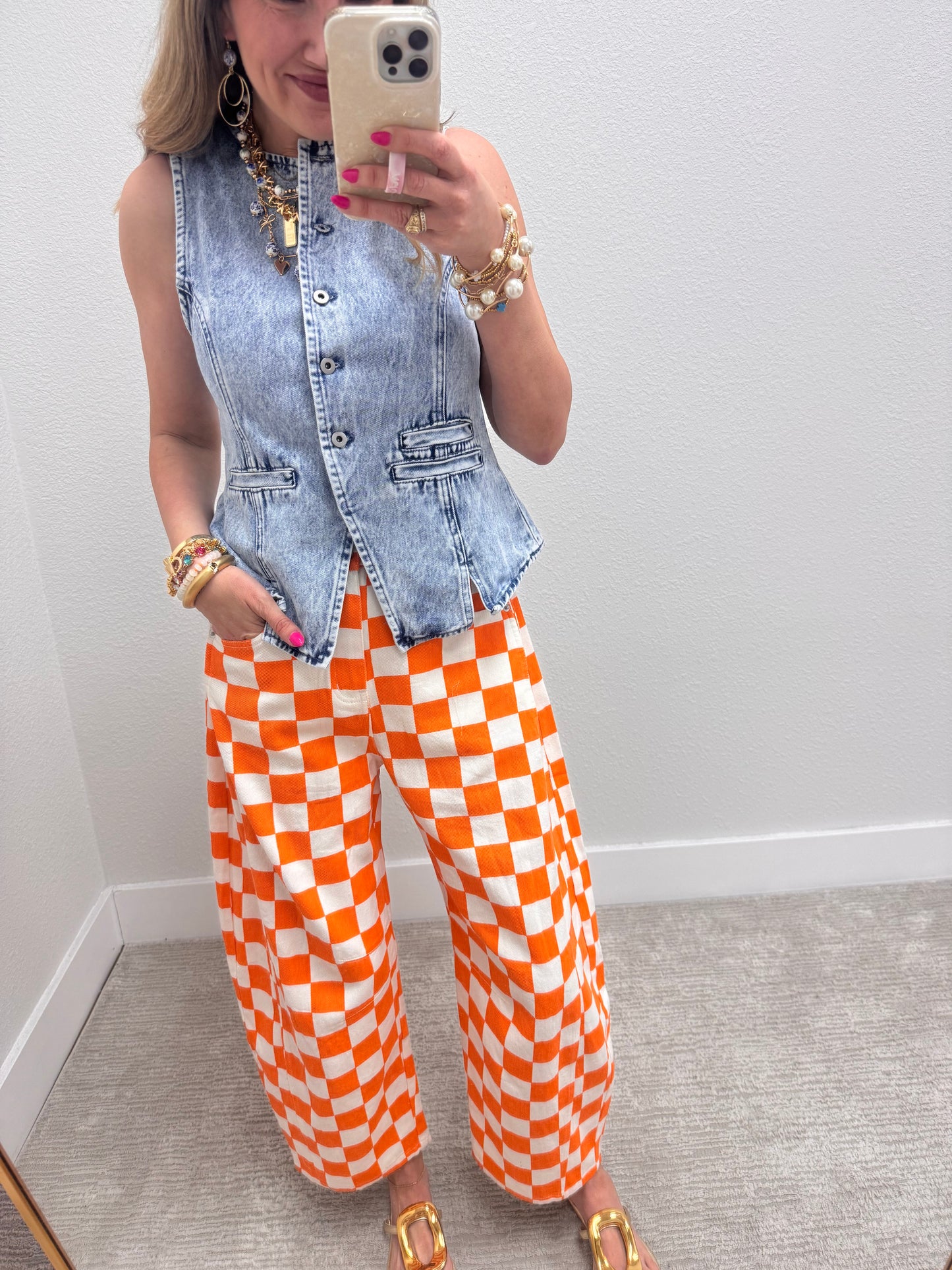 Orange and White Checkered Barrel Jeans