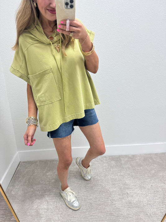 Green Rinse Washed Half Sleeve Hoodie