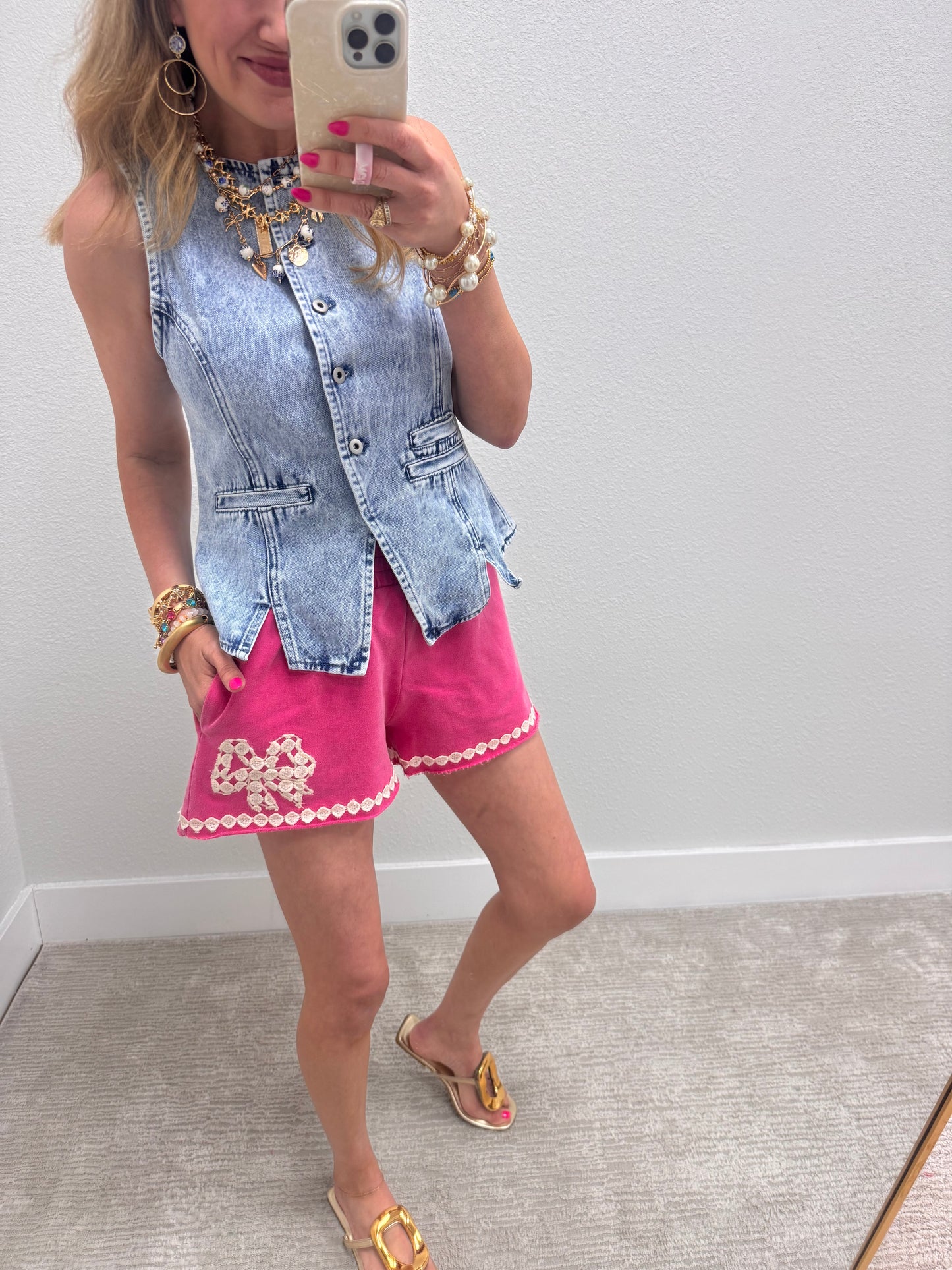 Hot Pink Mineral Wash Shorts with Ribbon Accents