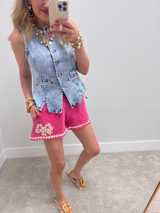 Hot Pink Mineral Wash Shorts with Ribbon Accents