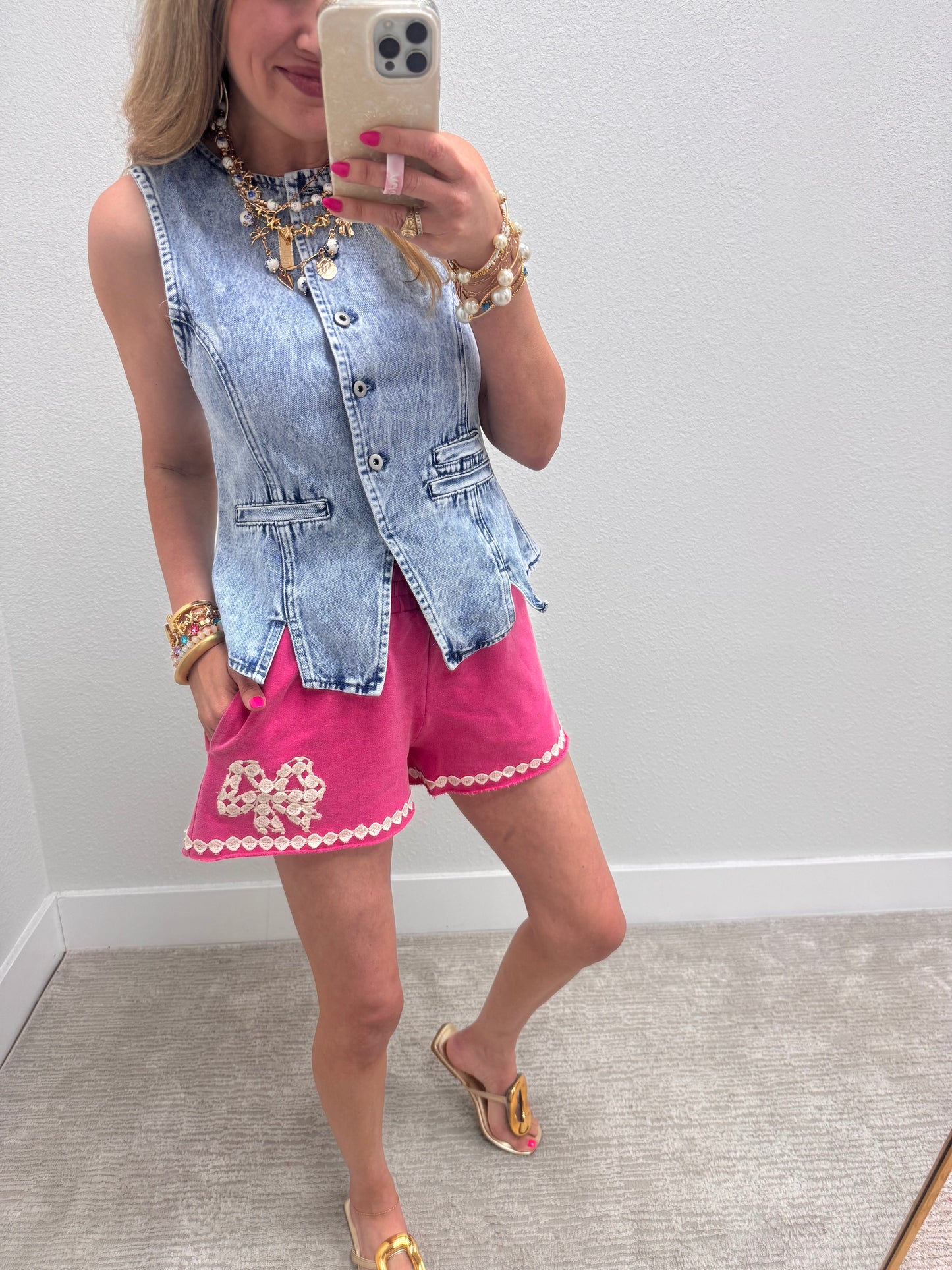 Hot Pink Mineral Wash Shorts with Ribbon Accents