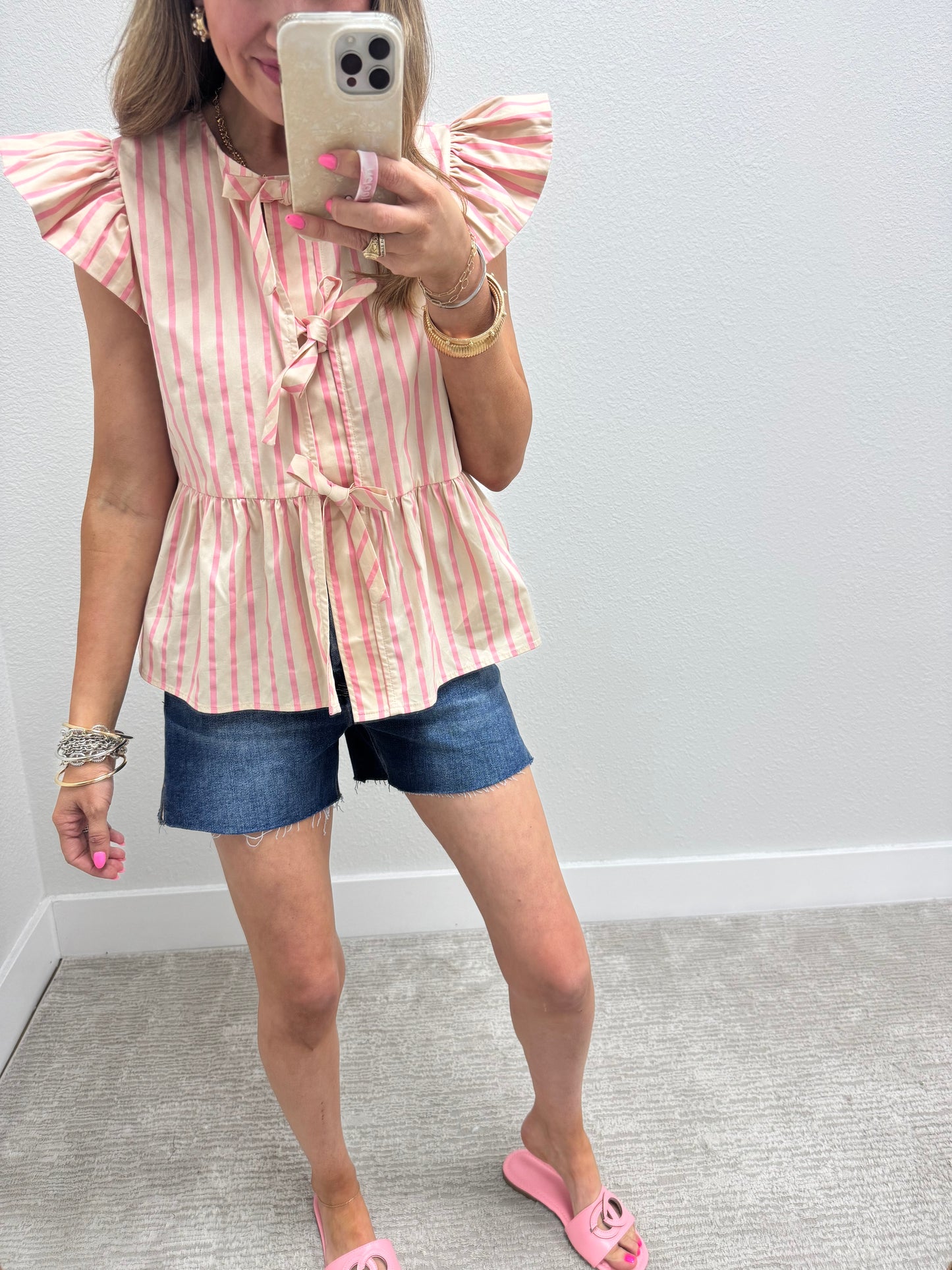 Cream and Pink Tie Front Top