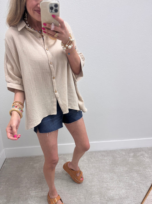 Sand Beige Double Gauze 3/4 Sleeve Button Up Shirt