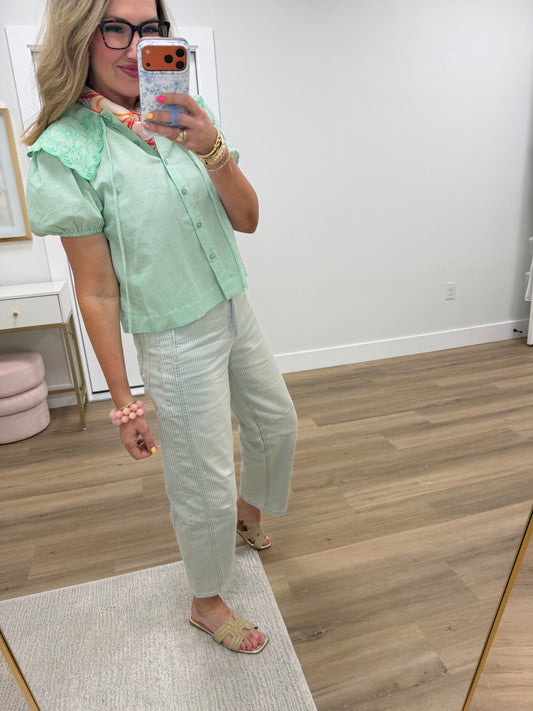 Vervet High Rise Paint Splash Striped Barrel Jeans