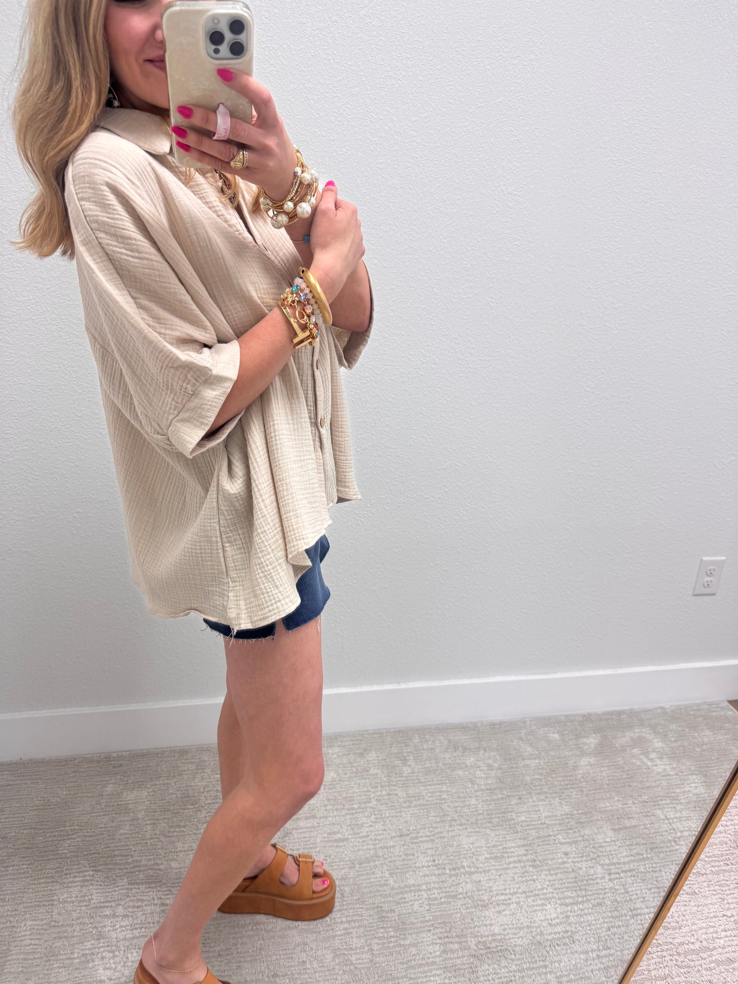 Sand Beige Double Gauze 3/4 Sleeve Button Up Shirt