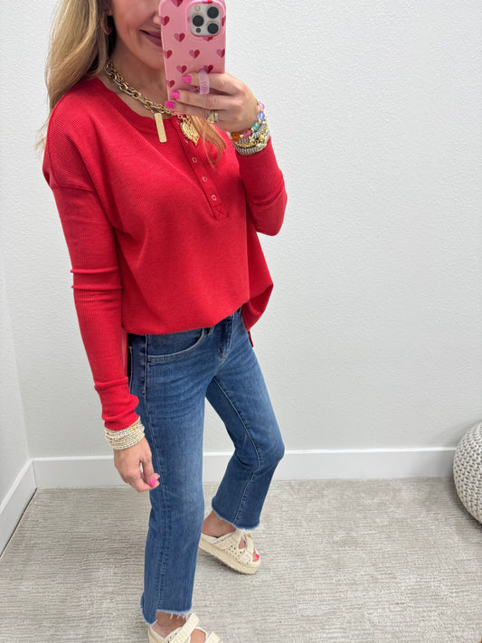 Red Waffle Long Sleeve Henley Top
