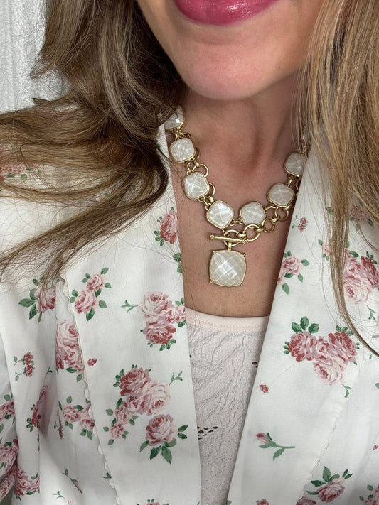 White Stone Drop Down Gold Necklace