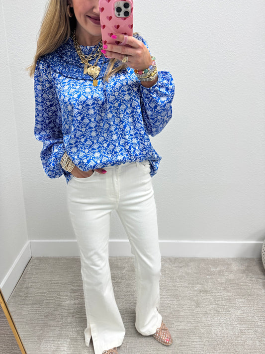 Royal Blue Print Smocked Layer Neckline Top