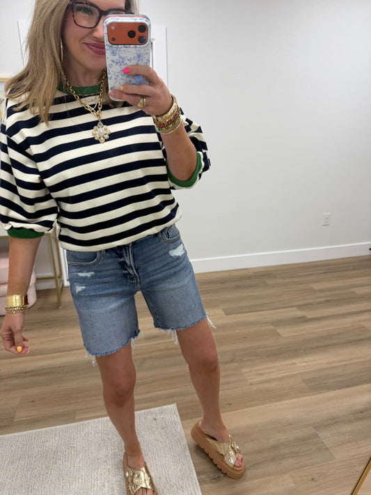 Navy Stripe Round Neck Bubble Sleeve Sweatshirt
