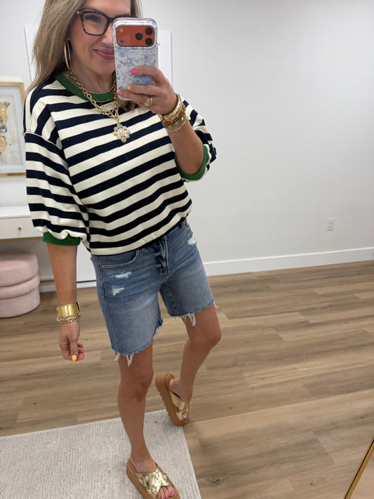 Navy Stripe Round Neck Bubble Sleeve Sweatshirt