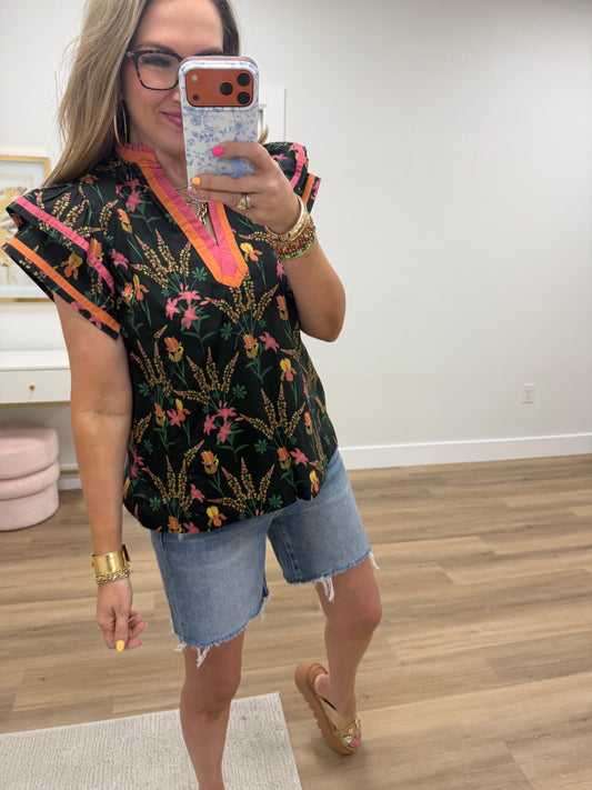 Black Mix Floral Top With Contrast Hem