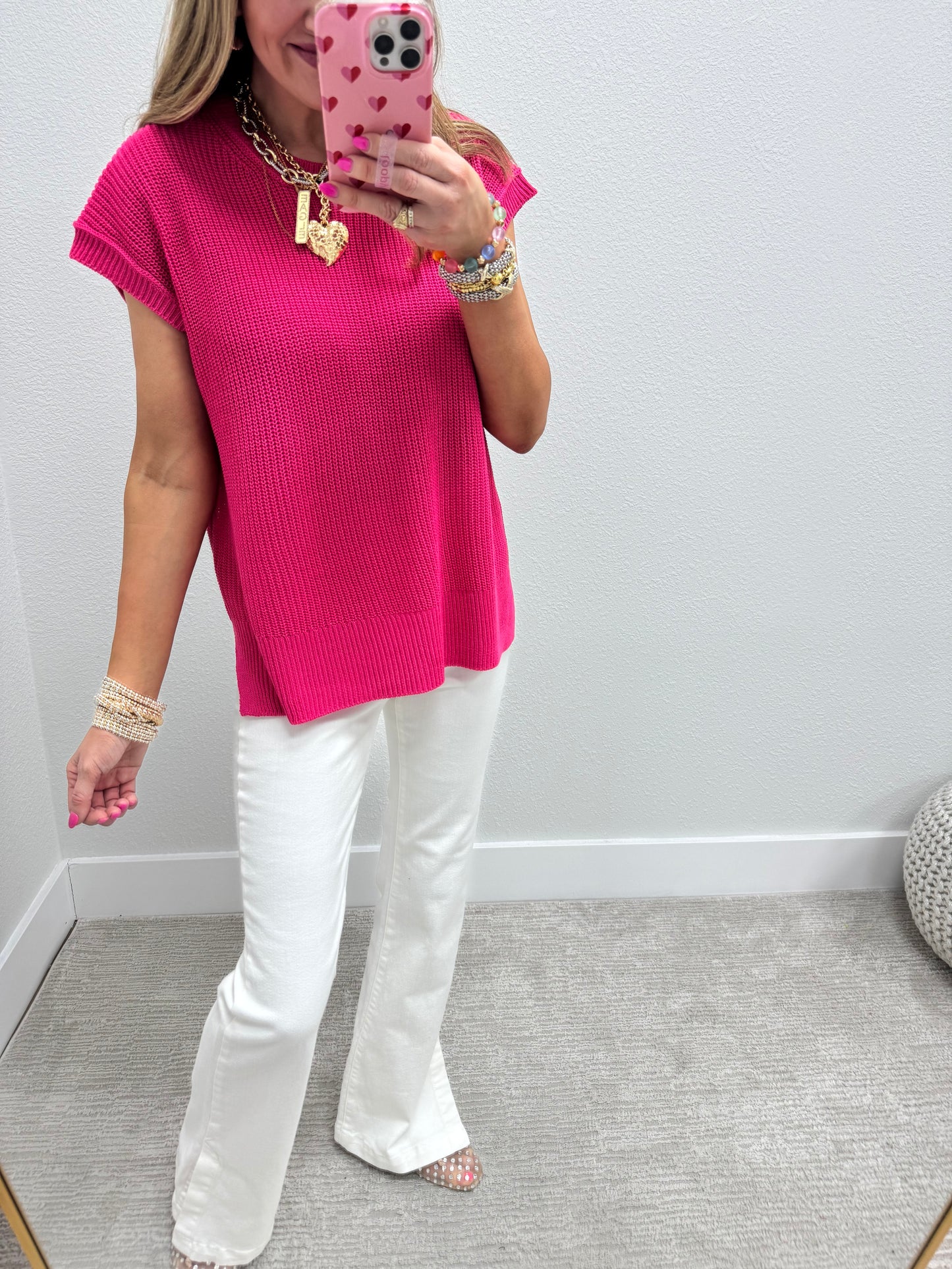 Hot Pink Knit Short Sleeve Top FS