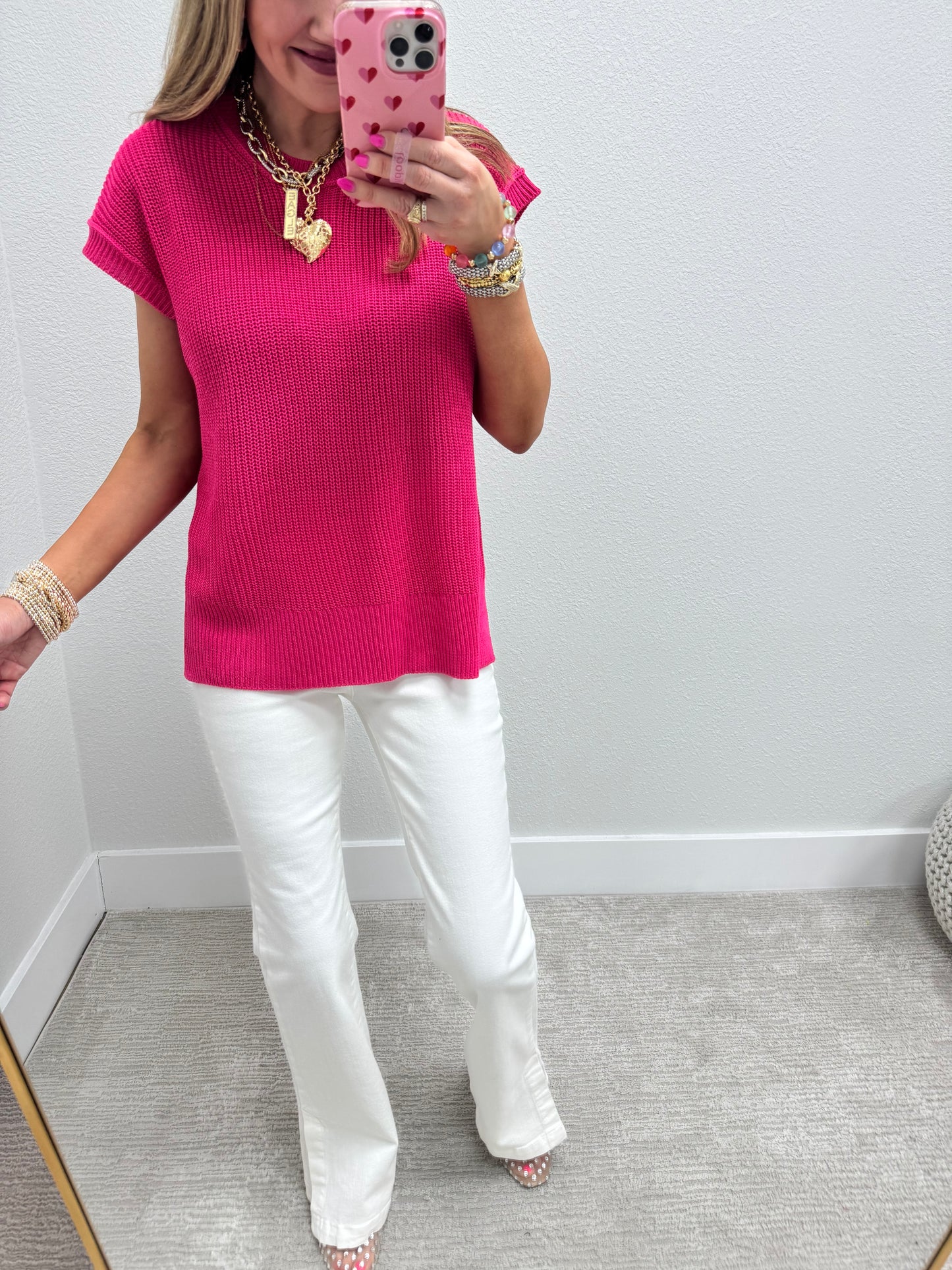 Hot Pink Knit Short Sleeve Top FS