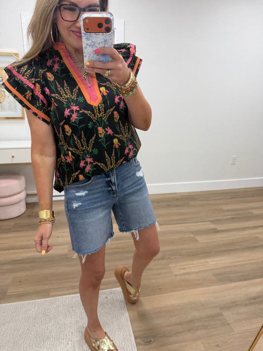 Black Mix Floral Top With Contrast Hem
