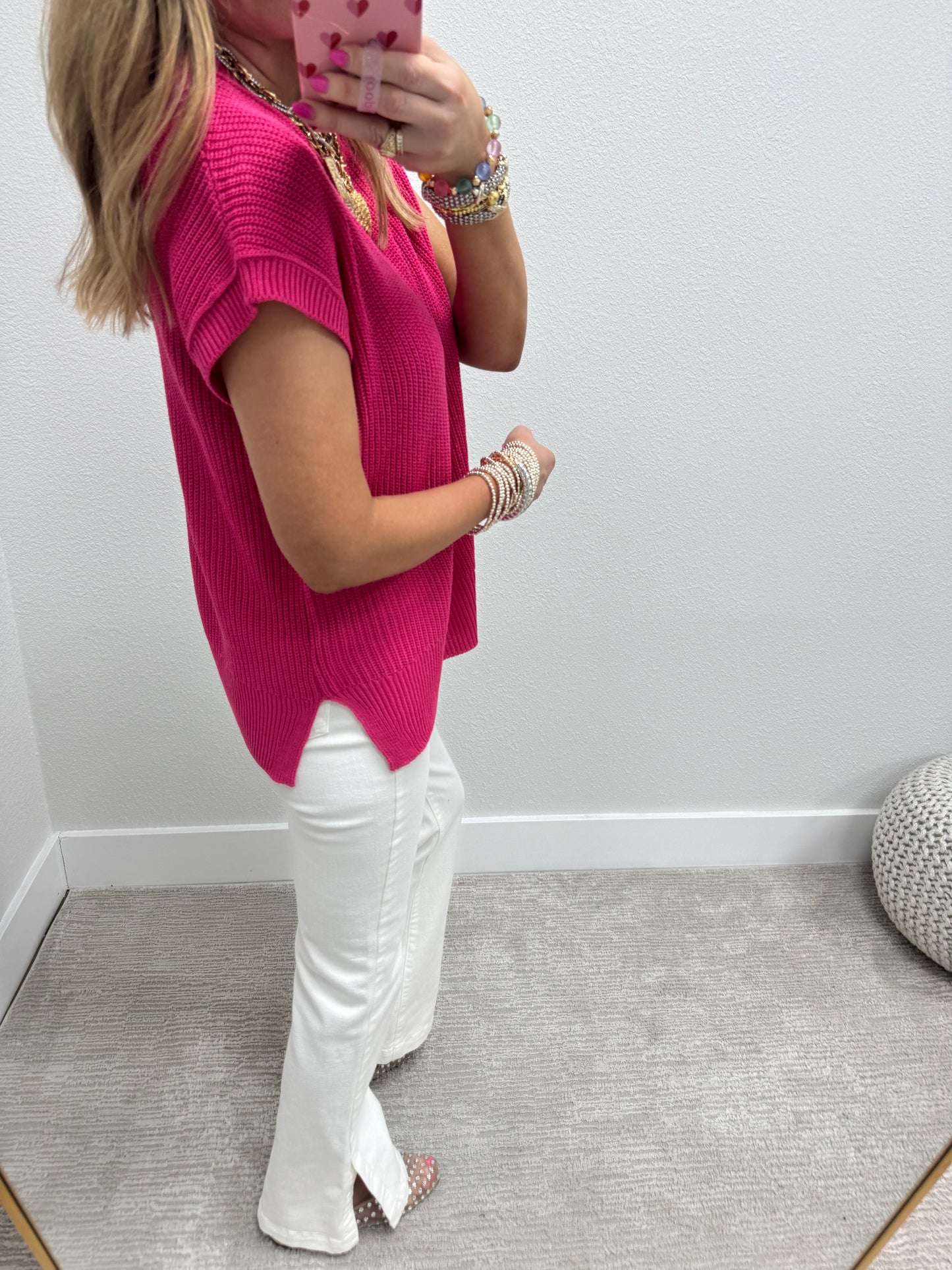 Hot Pink Knit Short Sleeve Top FS