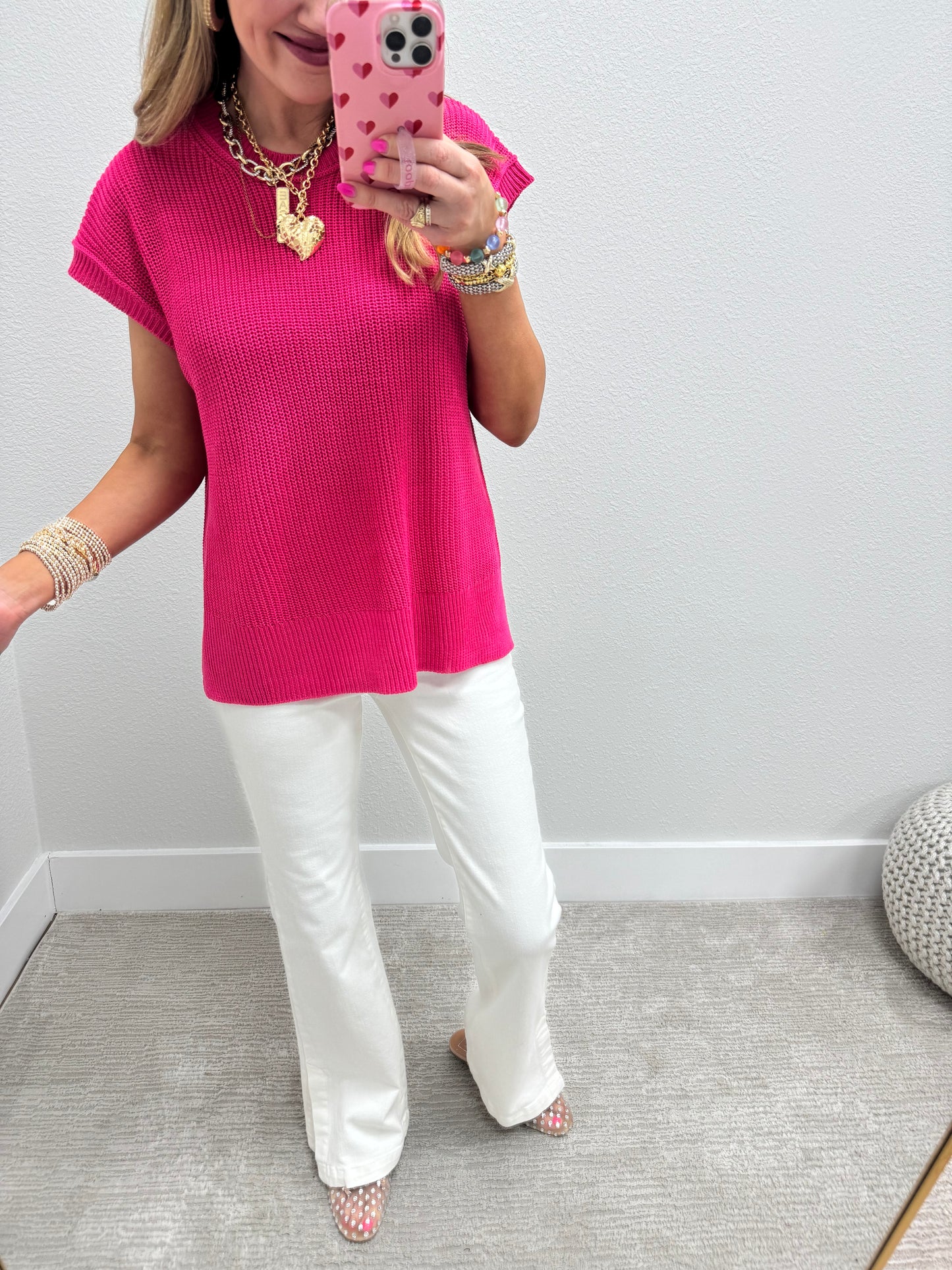 Hot Pink Knit Short Sleeve Top FS