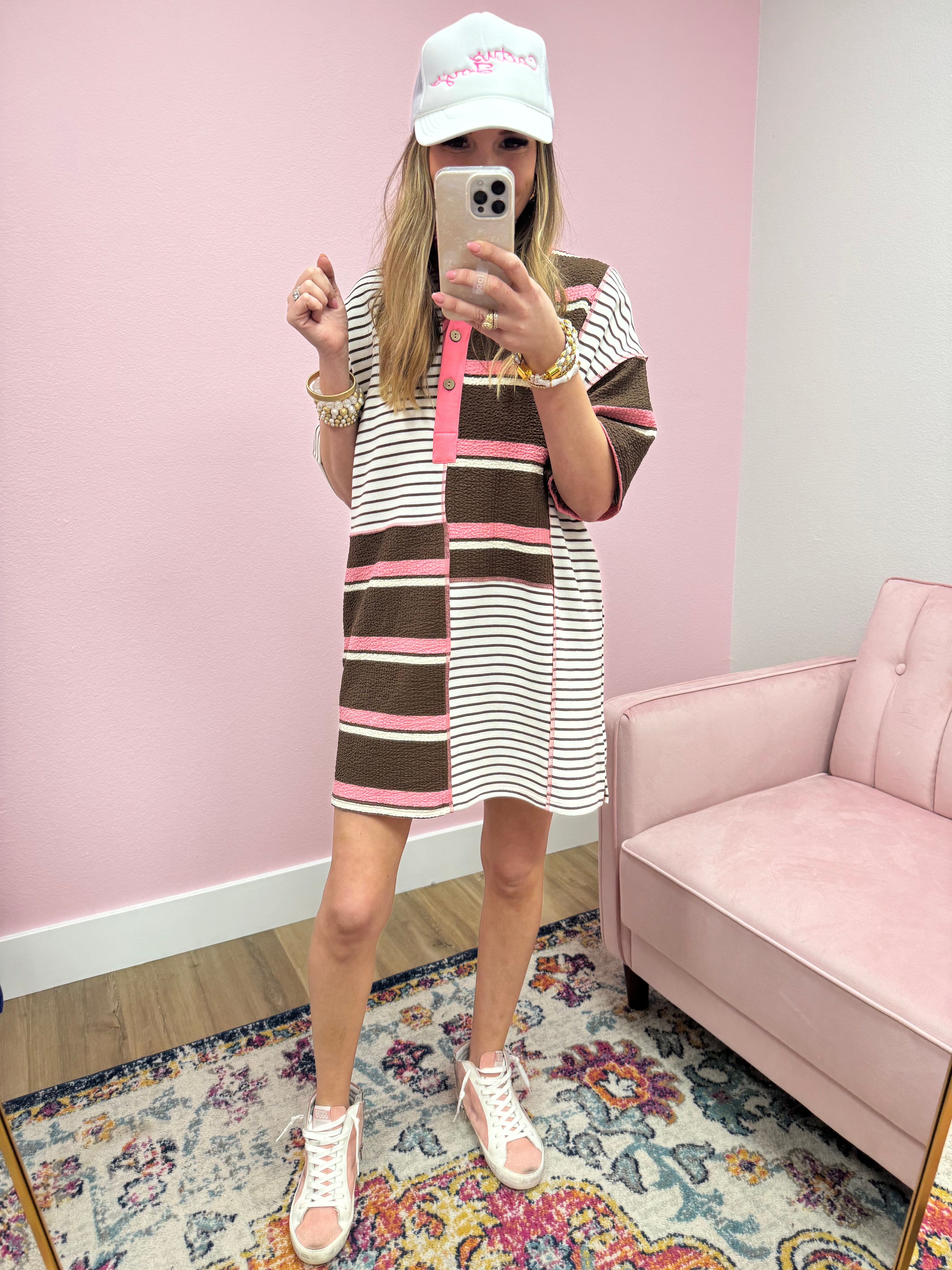 Brown and Pink Striped Dress