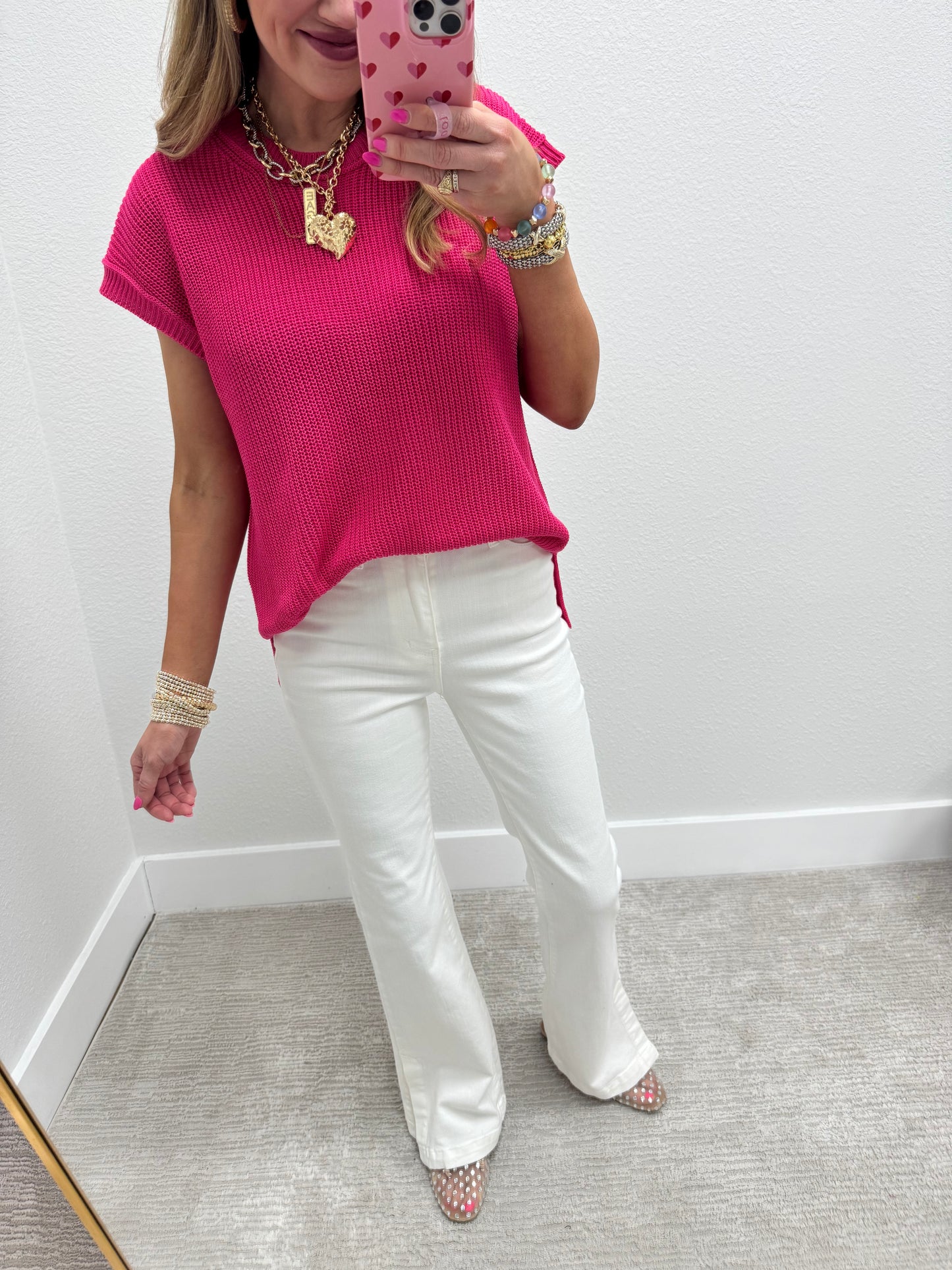 Hot Pink Knit Short Sleeve Top FS