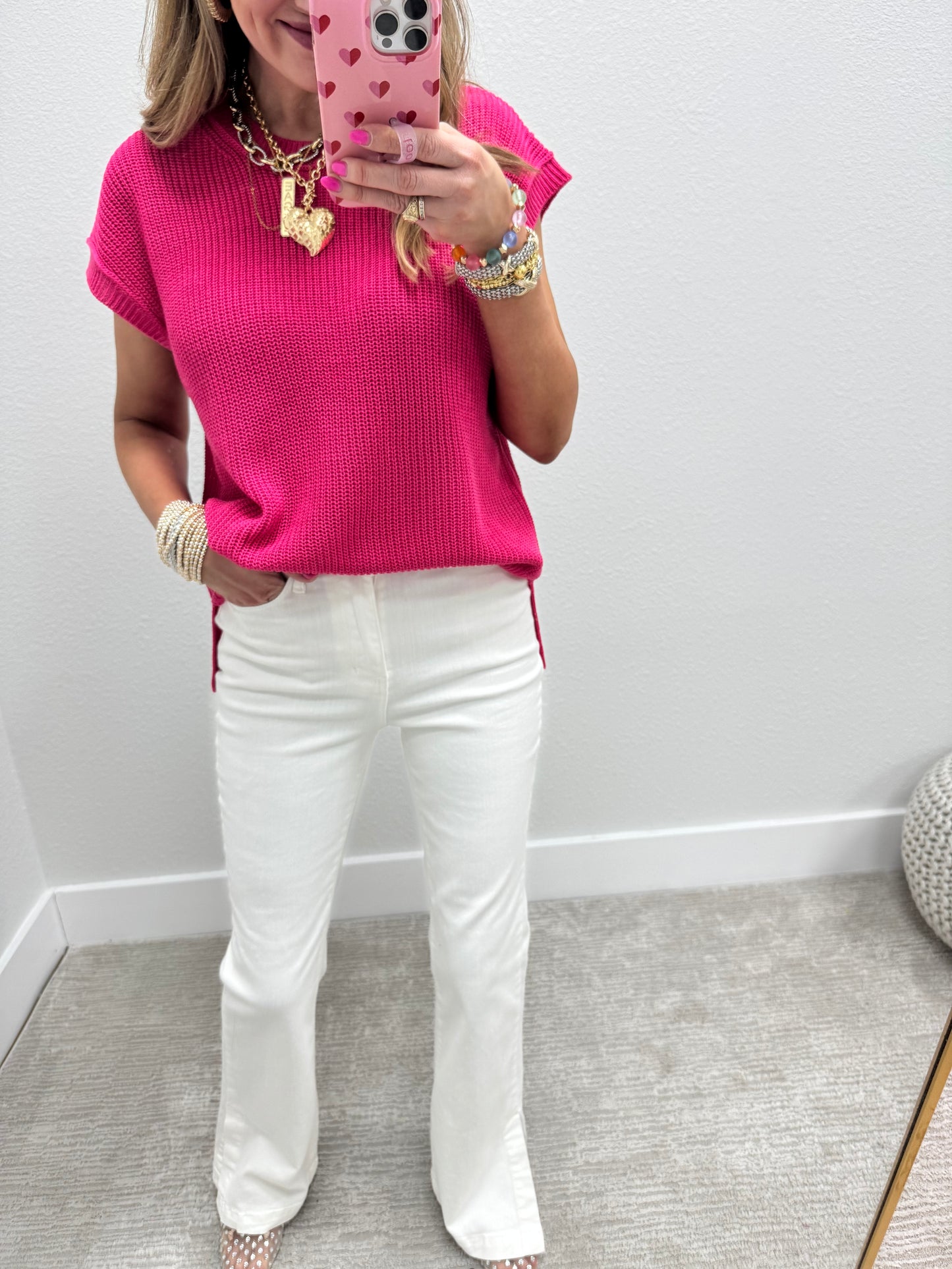 Hot Pink Knit Short Sleeve Top FS