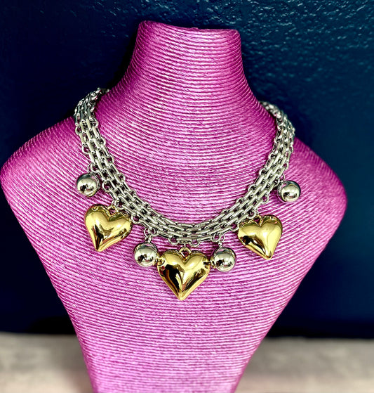Silver Thick Necklace with Gold Heart