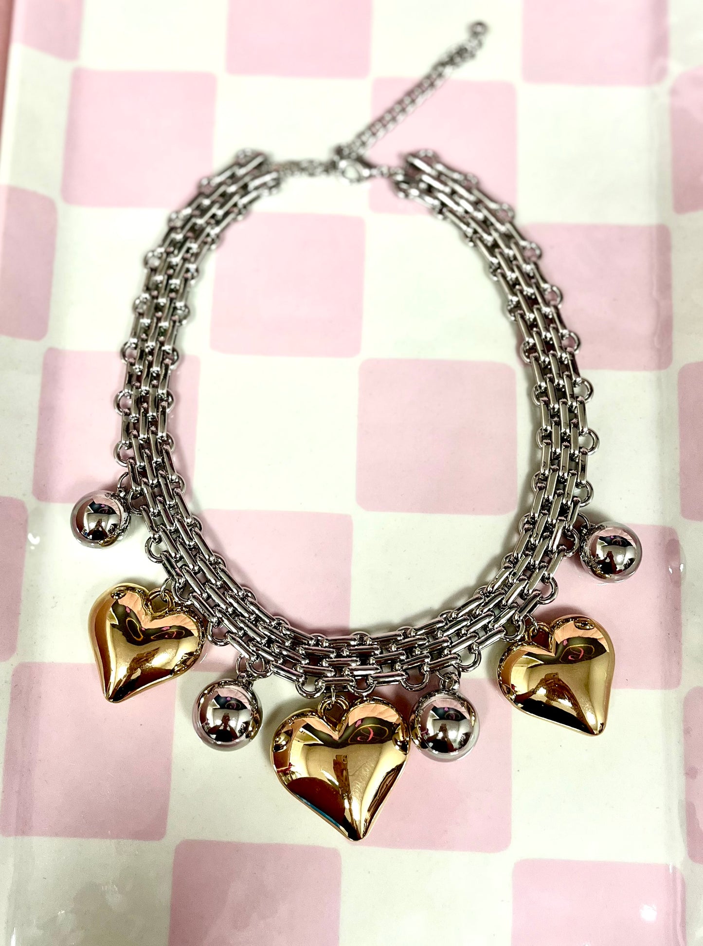 Silver Thick Necklace with Gold Heart