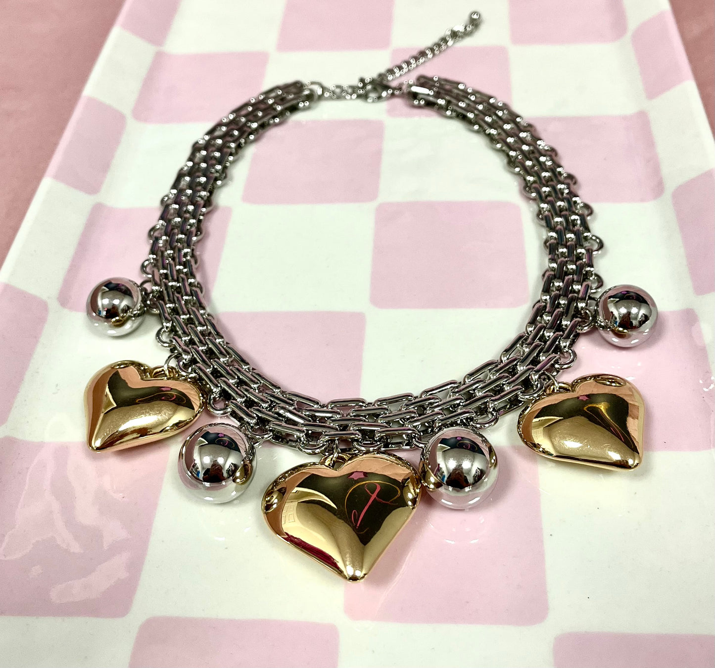Silver Thick Necklace with Gold Heart