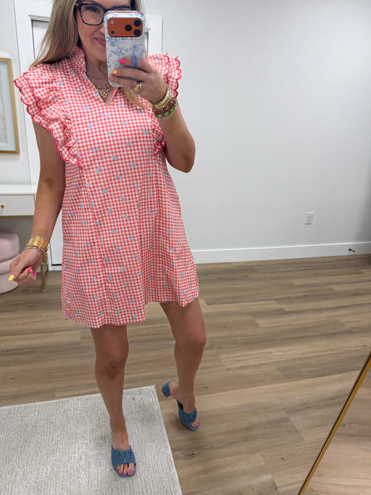 Coral Gingham Bow Ruffle Sleeve Dress