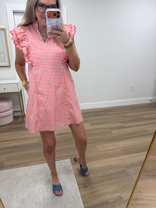 Coral Gingham Bow Ruffle Sleeve Dress