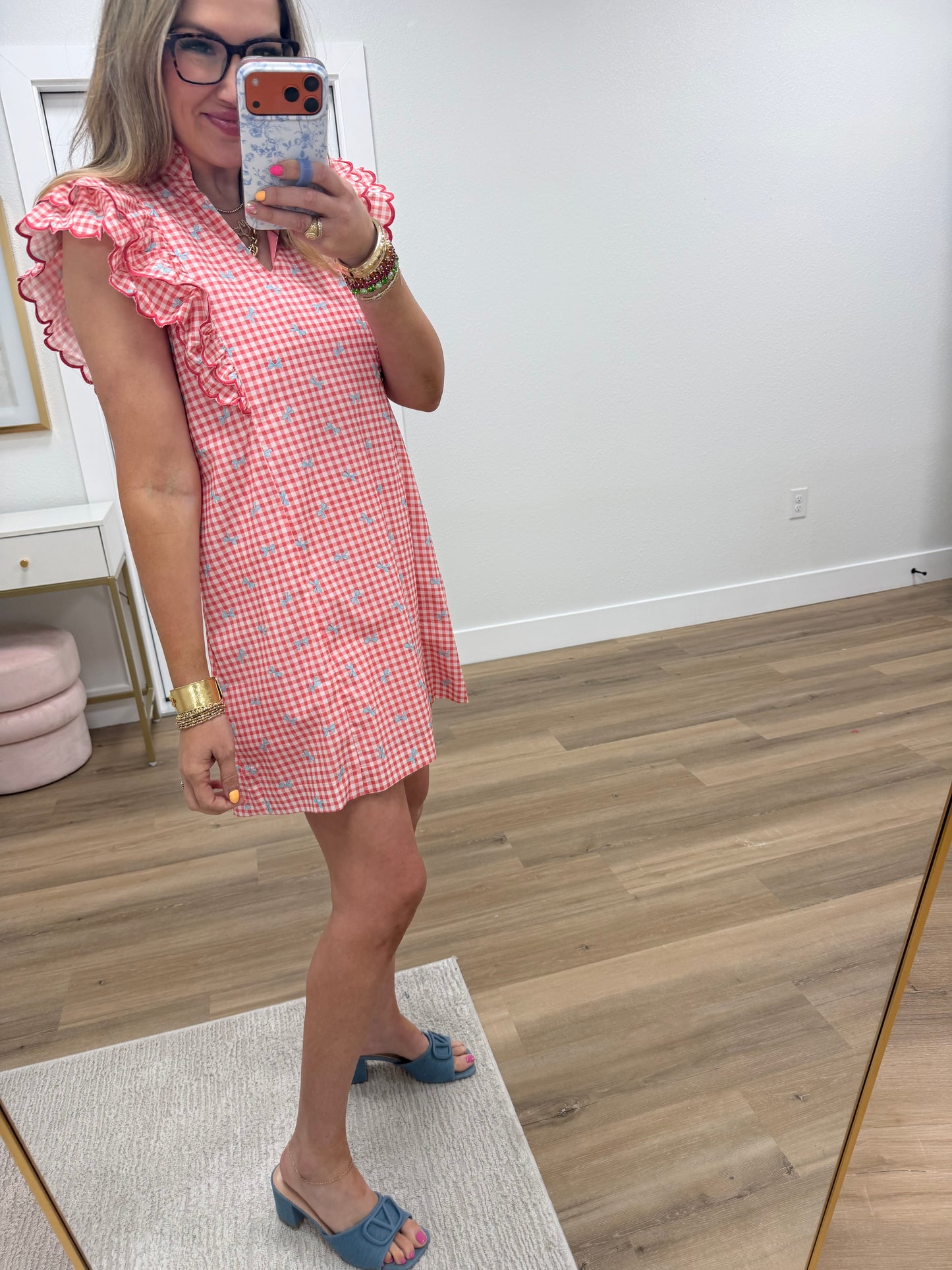 Coral Gingham Bow Ruffle Sleeve Dress