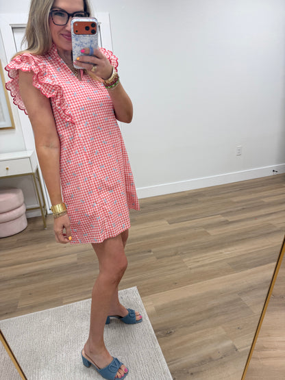 Coral Gingham Bow Ruffle Sleeve Dress