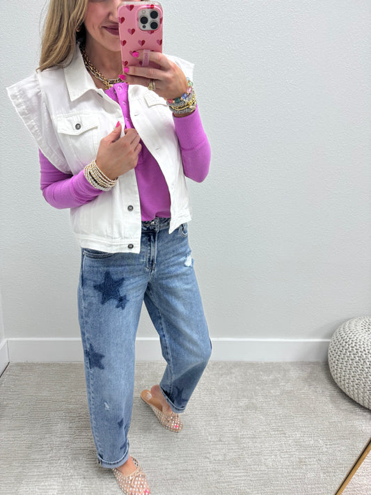White Cotton Denim Ruffle Sleeve Vest