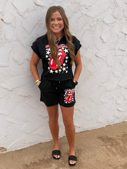 Black Rolling Stones Two Piece Short Set