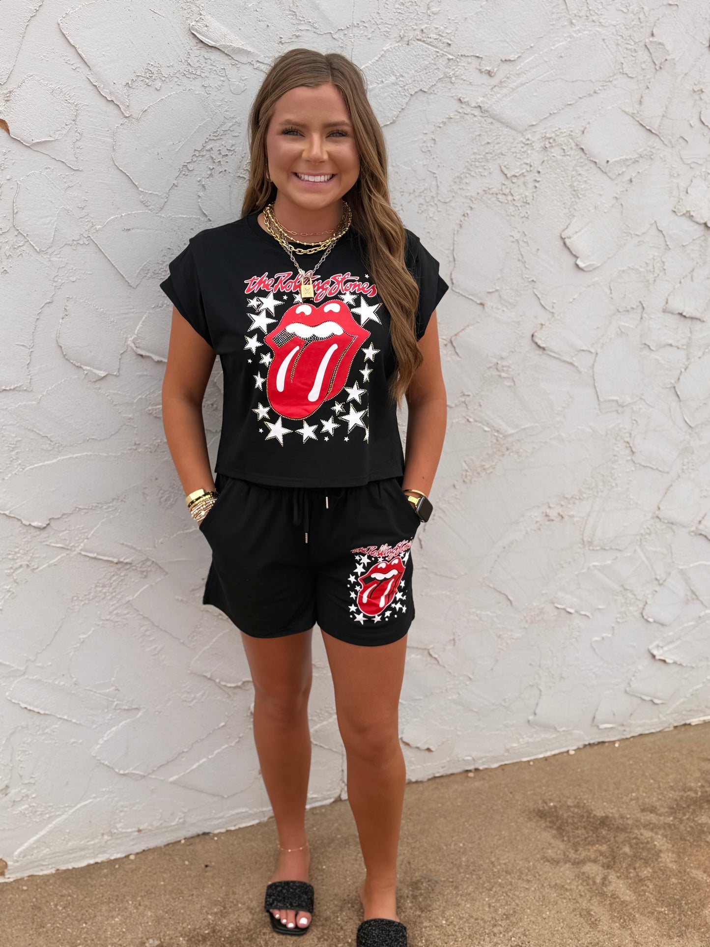 Black Rolling Stones Two Piece Short Set
