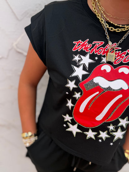 Black Rolling Stones Two Piece Short Set