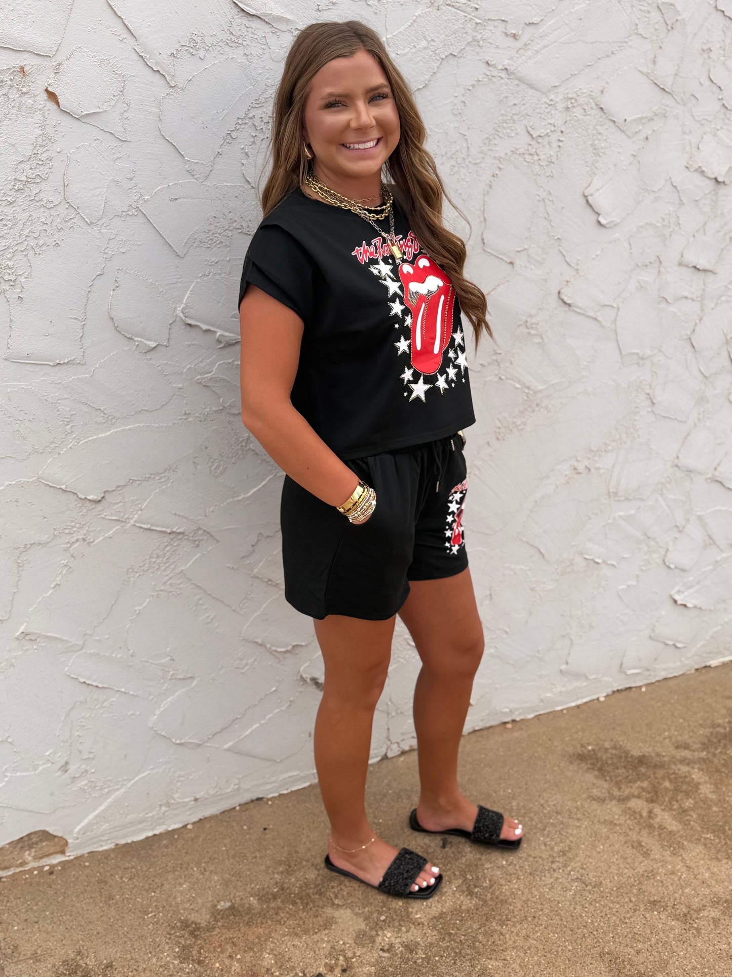Black Rolling Stones Two Piece Short Set