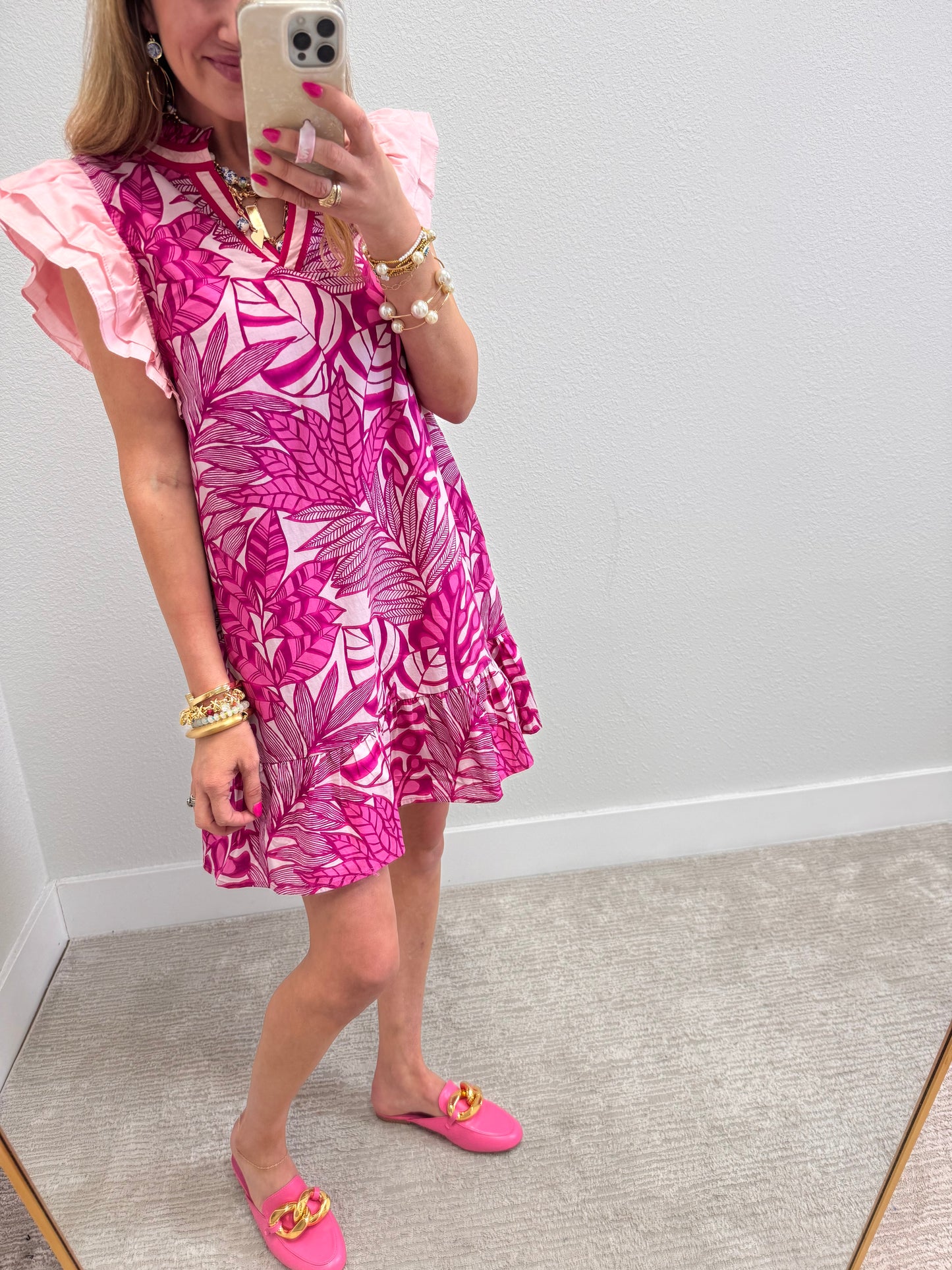 Magenta Tropical Print Dress with Flutter Sleeves