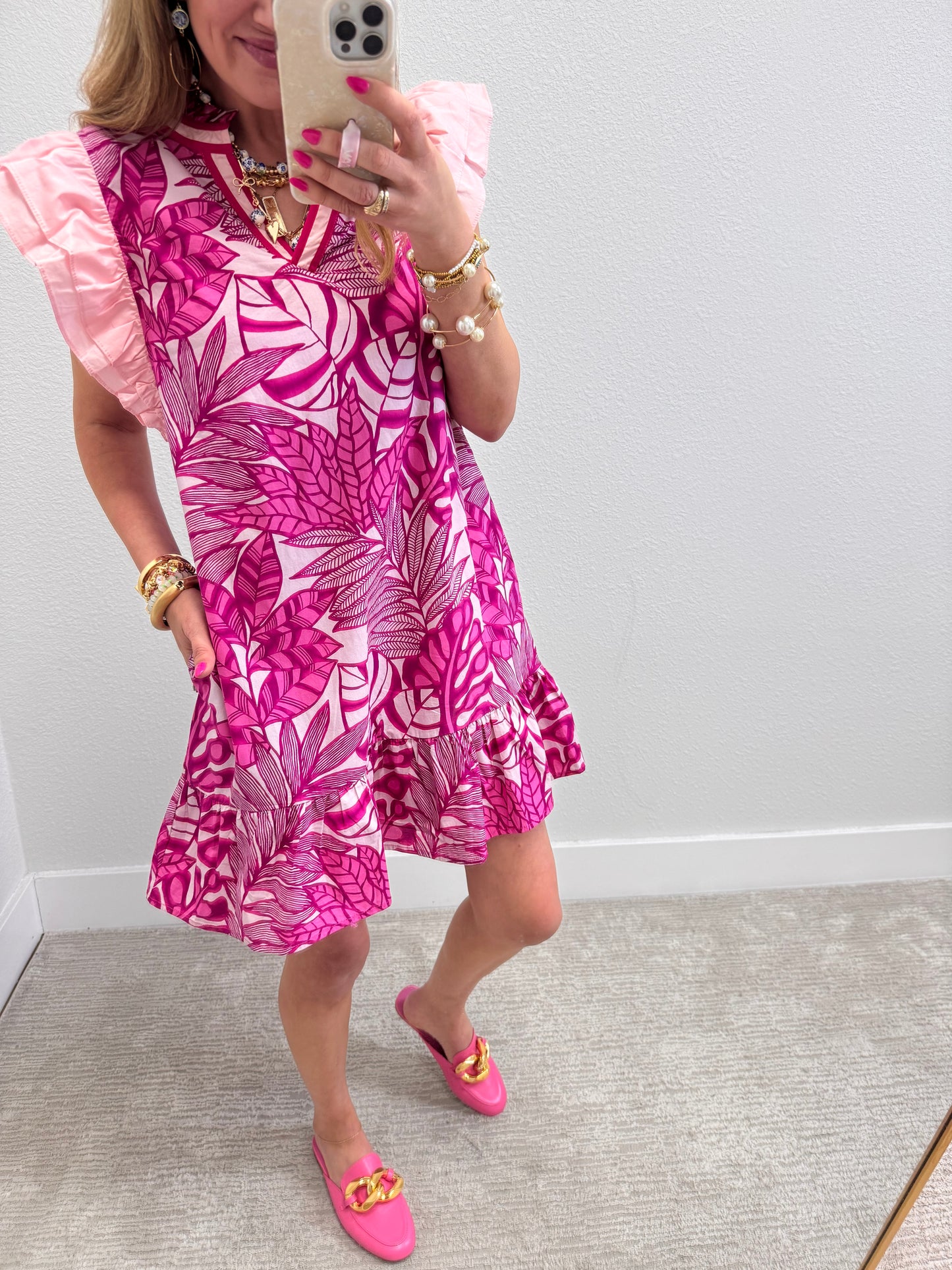 Magenta Tropical Print Dress with Flutter Sleeves