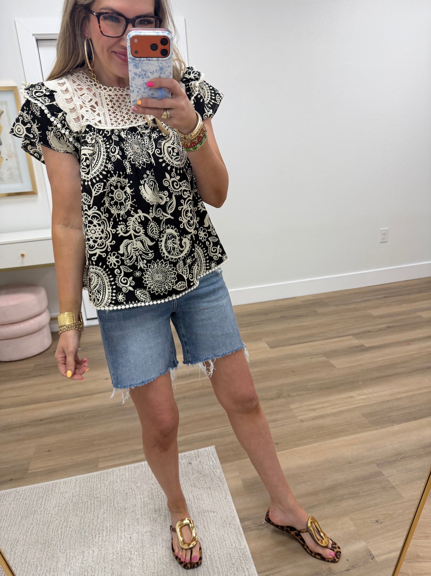 Black Crocket Yoke Paisley Round Neck Top