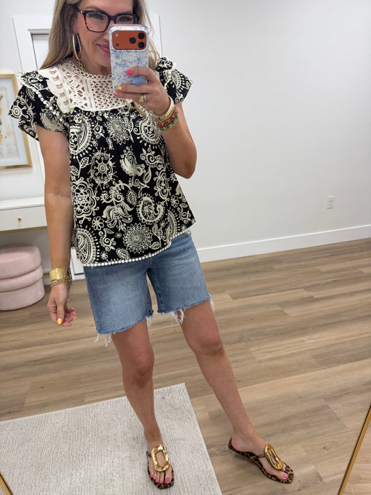 Black Crocket Yoke Paisley Round Neck Top