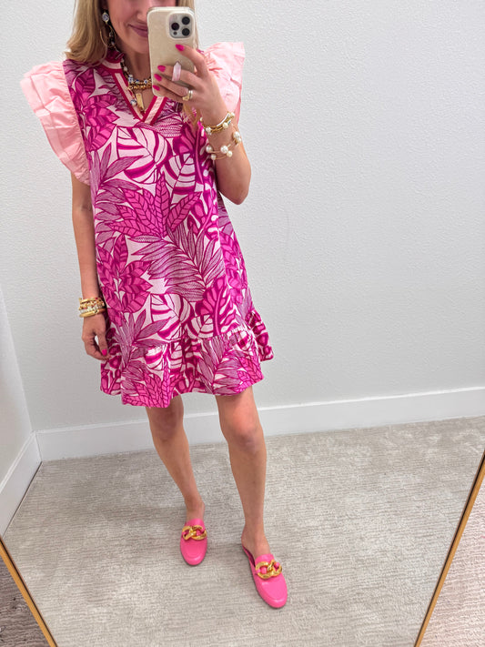 Magenta Tropical Print Dress with Flutter Sleeves