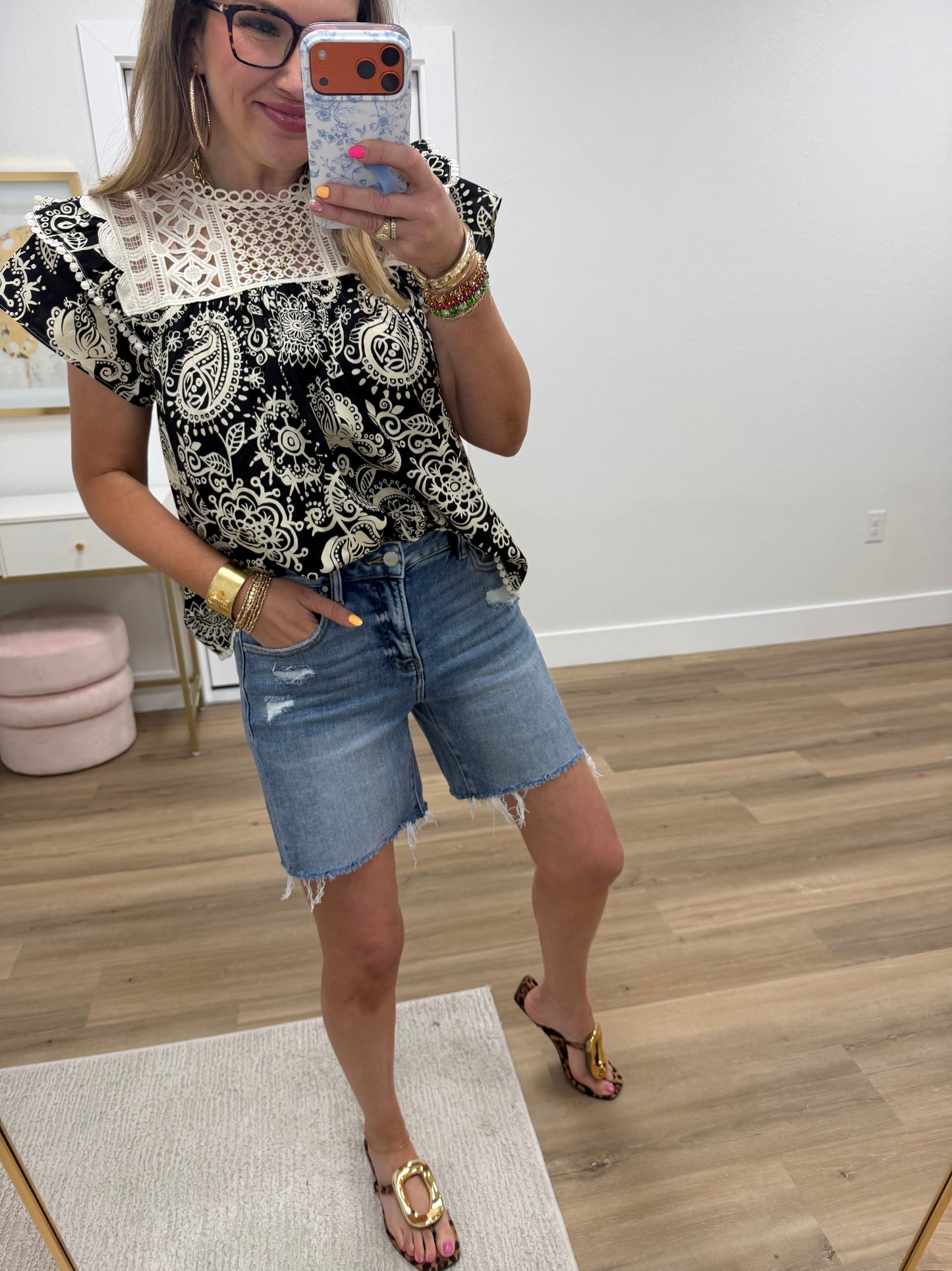 Black Crocket Yoke Paisley Round Neck Top