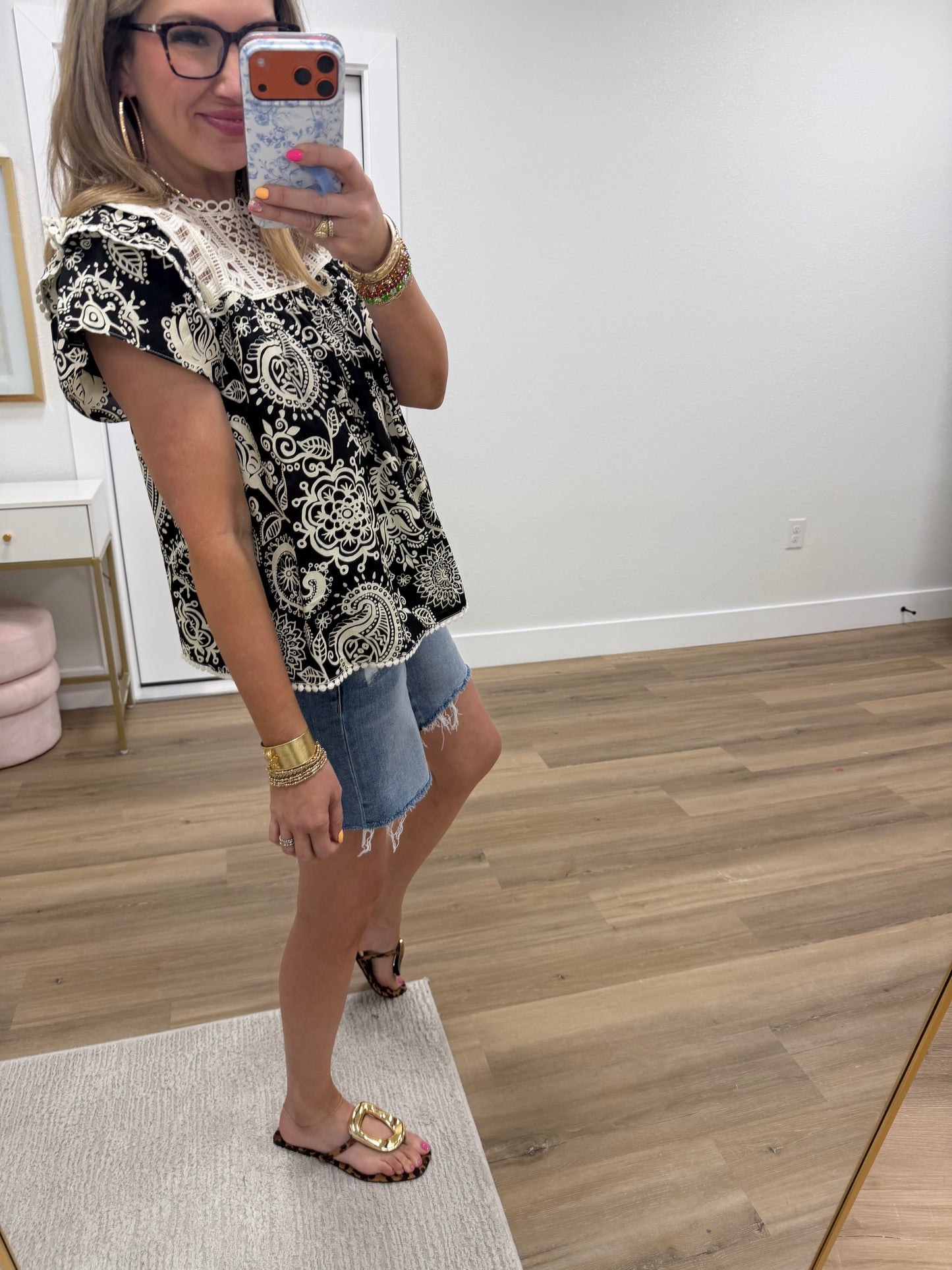 Black Crocket Yoke Paisley Round Neck Top