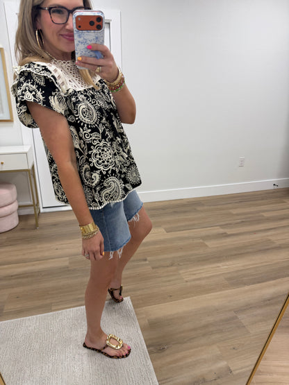 Black Crocket Yoke Paisley Round Neck Top