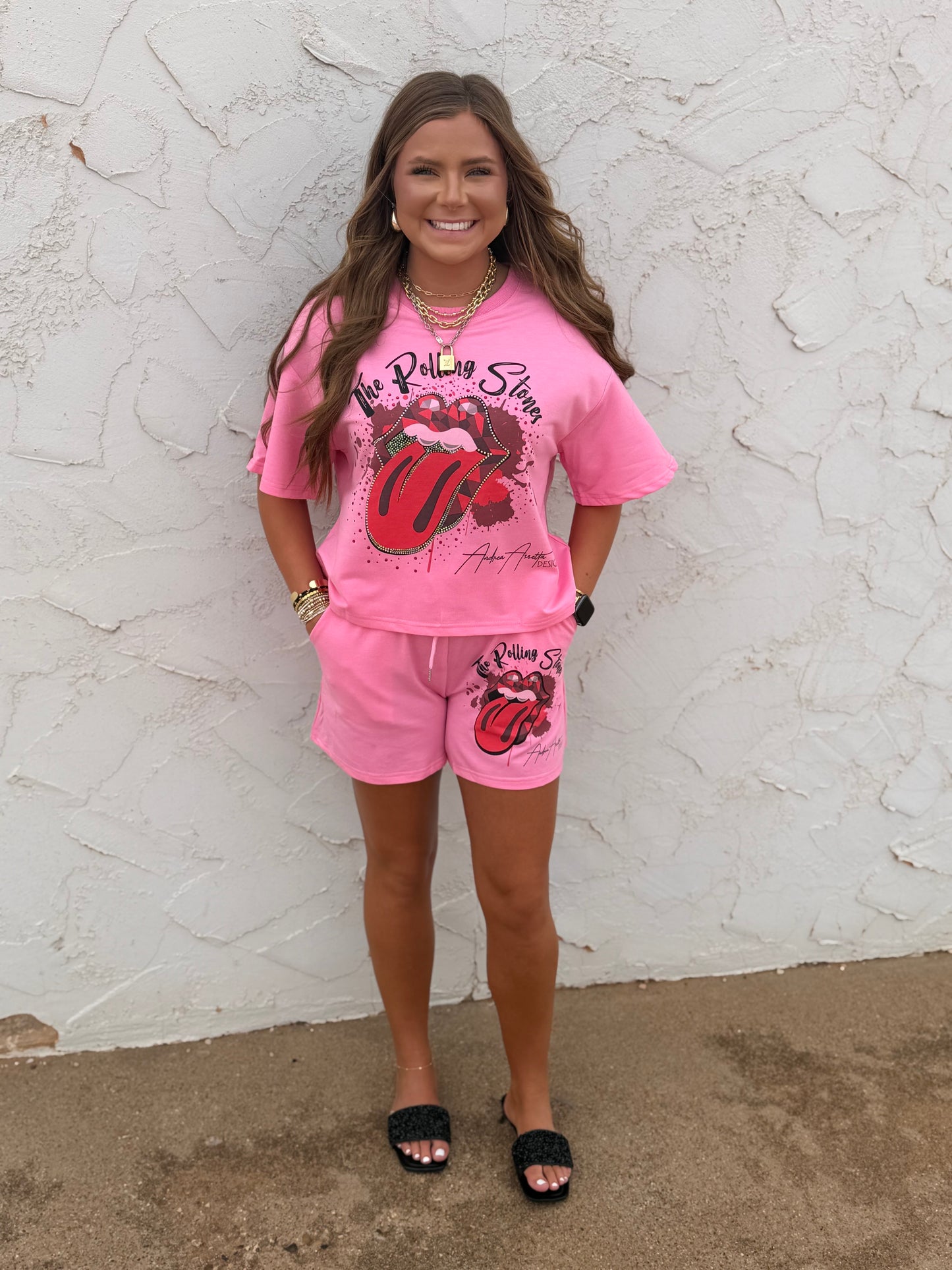 Pink Rolling Stones Two Piece Short Set